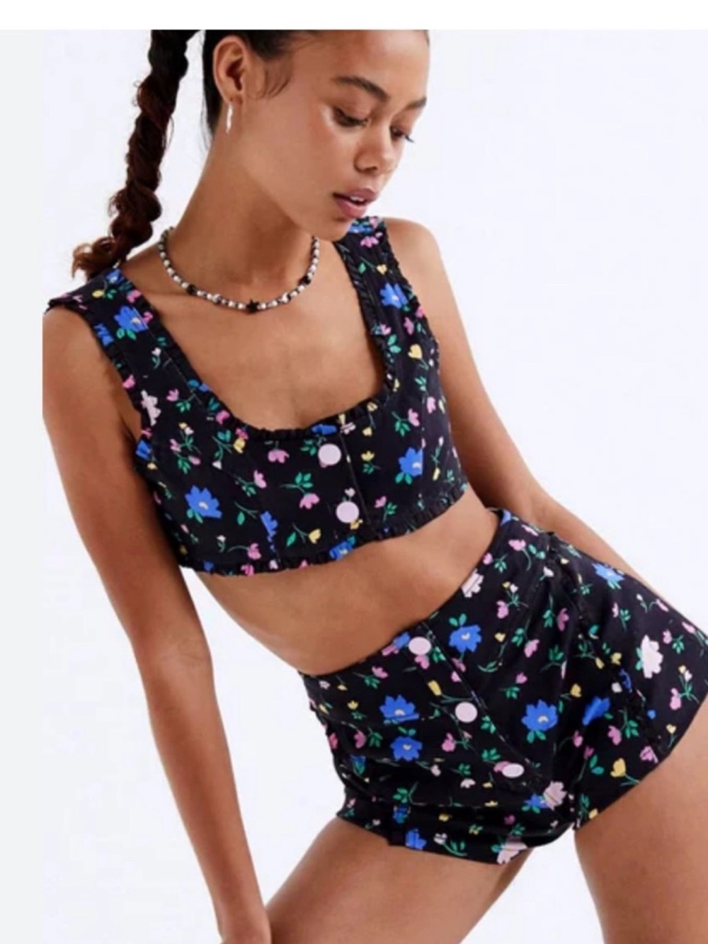 For Love & Lemons Black Floral Button-Front Crop Top